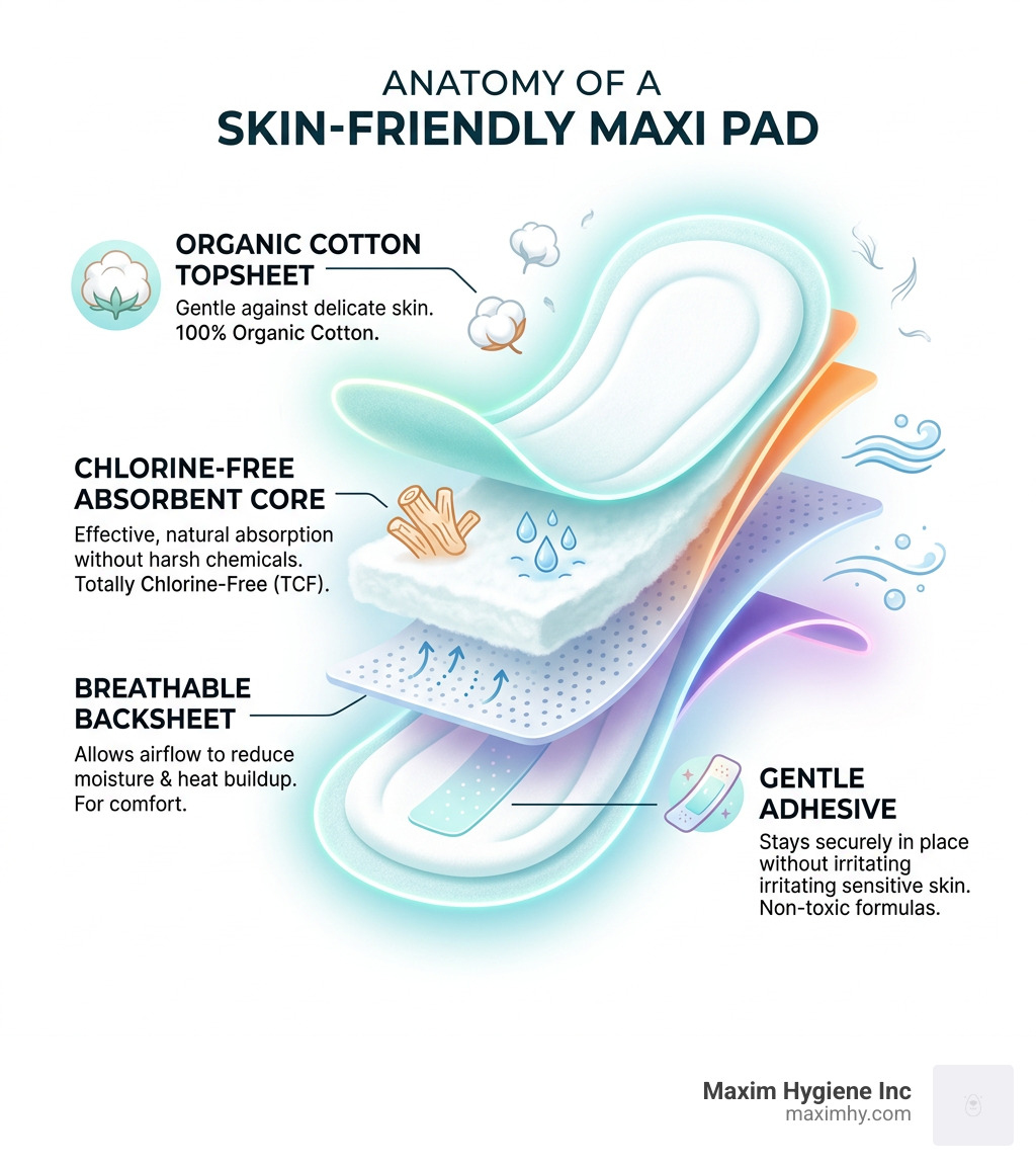 Infographic showing layers of a skin-friendly maxi pad: organic cotton topsheet, chlorine-free absorbent core, breathable