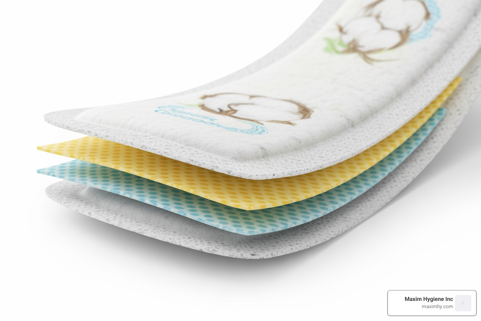 Close-up of plant-based pad layers showing organic cotton and corn starch backing - biodegradable menstrual pads