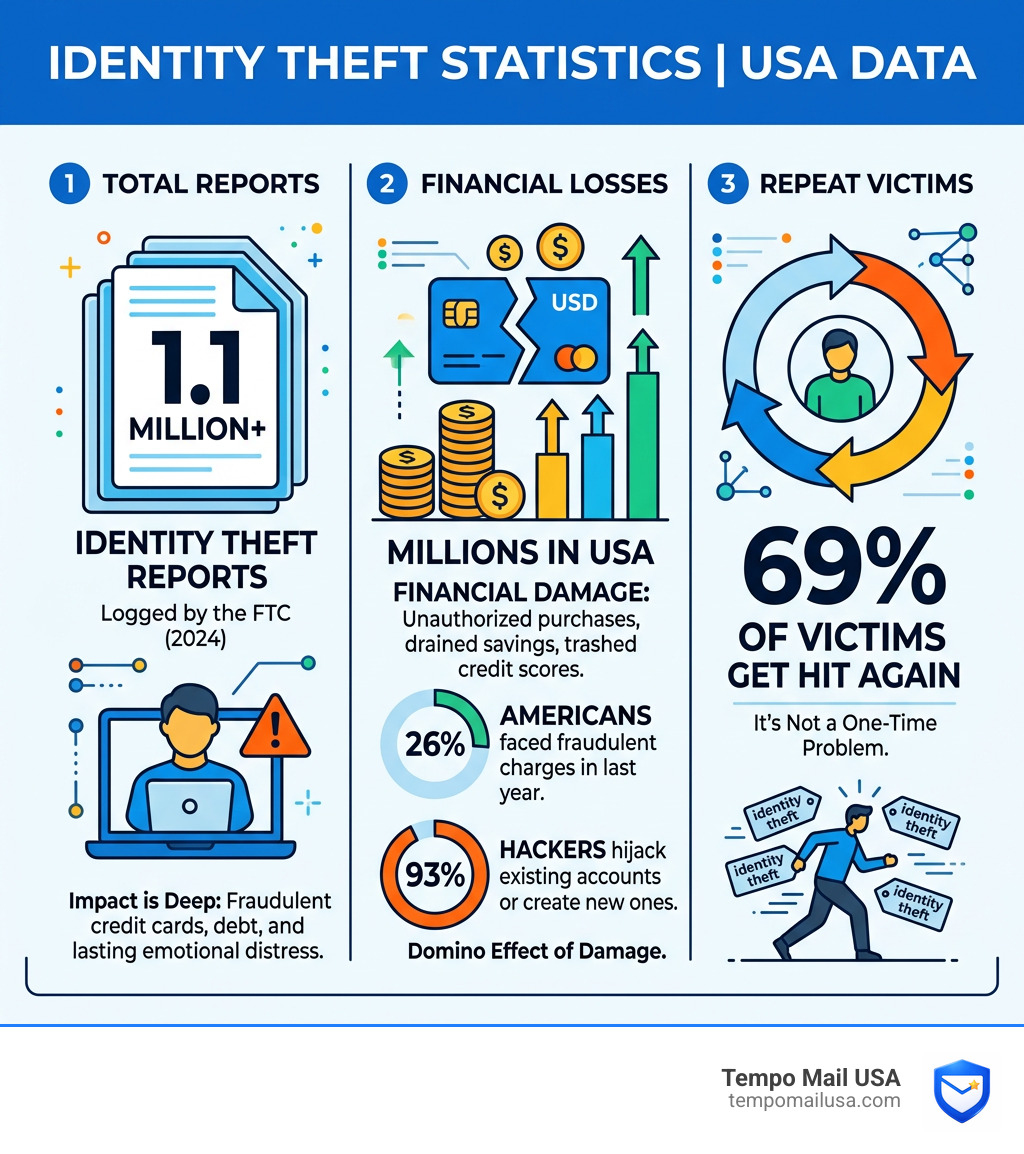 Identity theft statistics infographic: victims, financial losses, and repeat rates in the USA - best identity theft Identity theft statistics infographic: victims, financial losses, and repeat rates in the USA - best identity theft