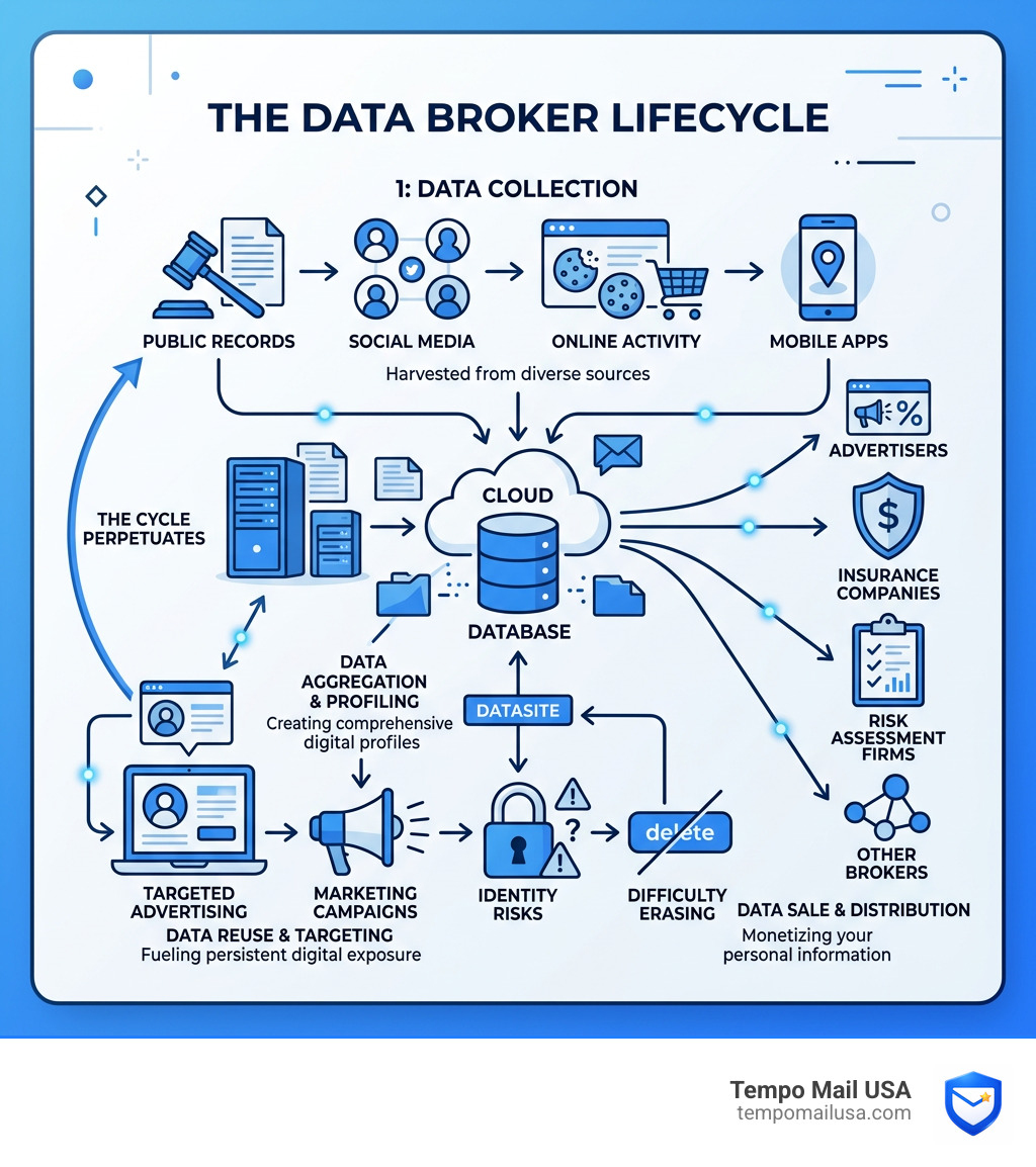 Data broker lifecycle infographic showing how personal info is collected, sold, and reused online - how to remove personal Data broker lifecycle infographic showing how personal info is collected, sold, and reused online - how to remove personal