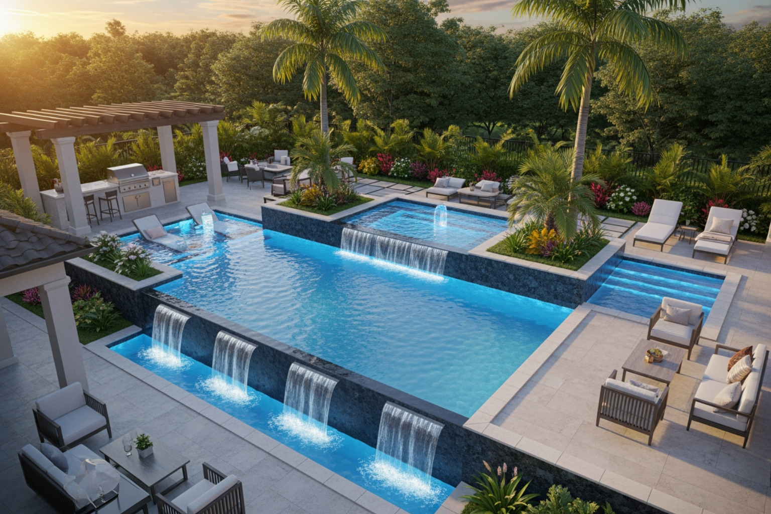 3D pool design consultation showing a luxury backyard layout with custom lighting and landscaping - pool builder Westchase