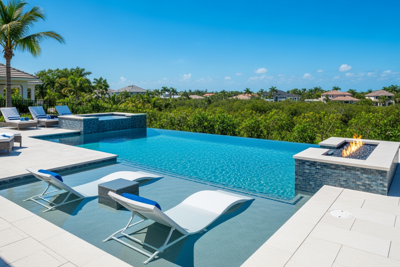 Custom luxury pool featuring an infinity edge, tanning ledge, and integrated fire pit - pool builder Westchase