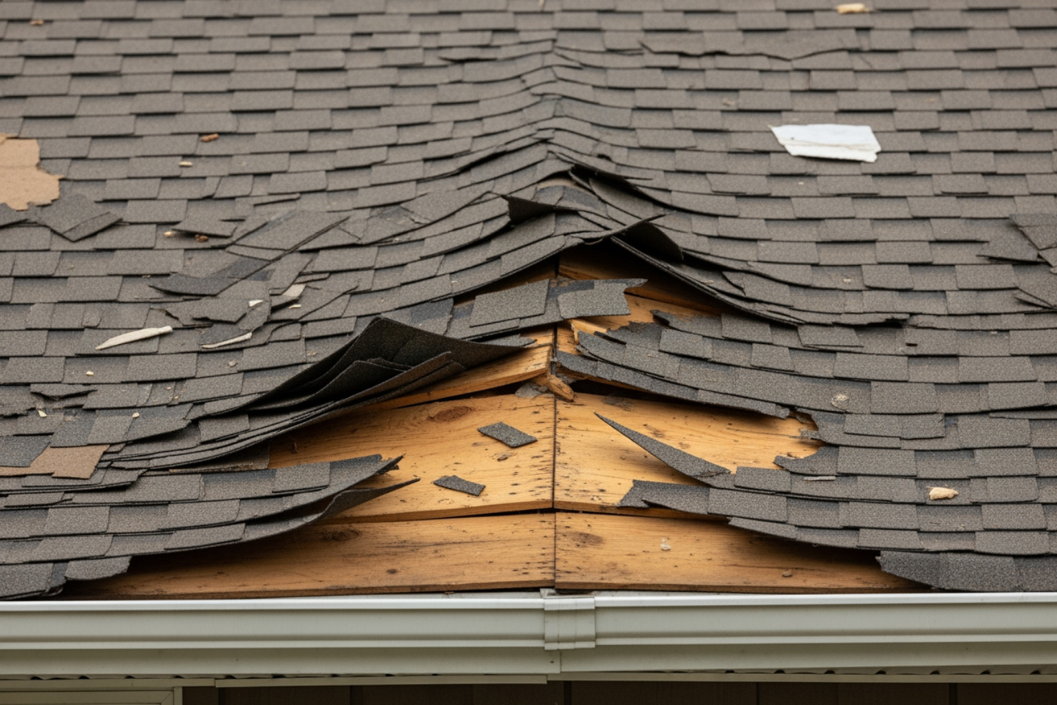 Wind-damaged shingles showing uplift at the eaves due to missing starter protection - shingle roof starter strip