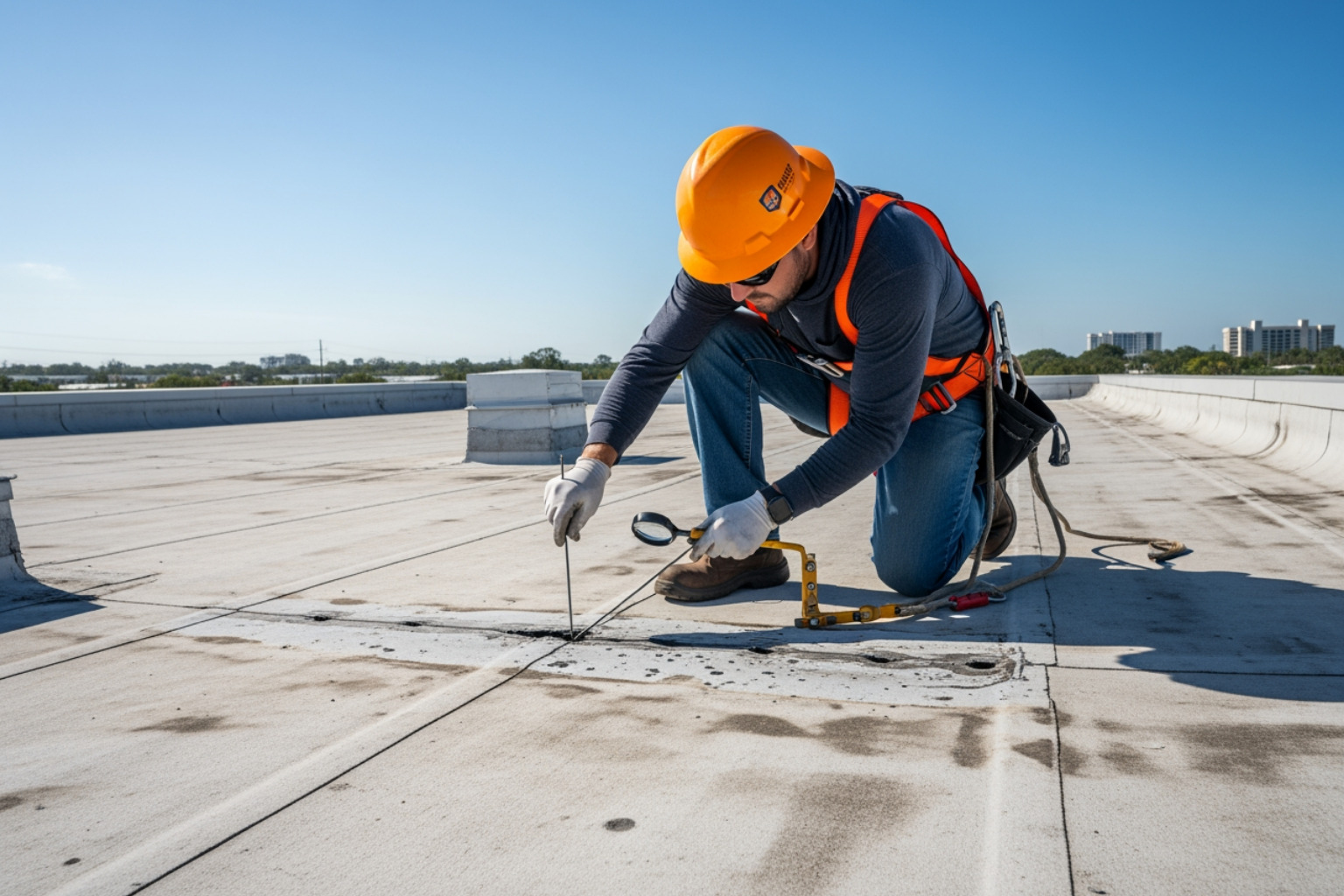 Roofing technician inspecting a flat roof membrane for seam separation and punctures - affordable commercial roof repair