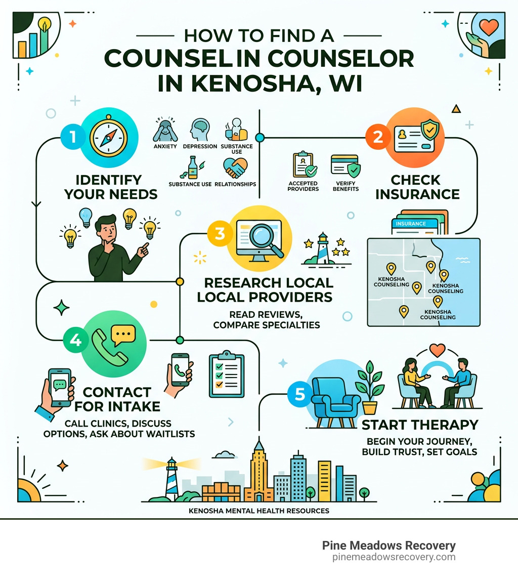 Infographic showing how to find a counselor in Kenosha WI: step 1 identify your needs, step 2 check insurance, step 3 Infographic showing how to find a counselor in Kenosha WI: step 1 identify your needs, step 2 check insurance, step 3
