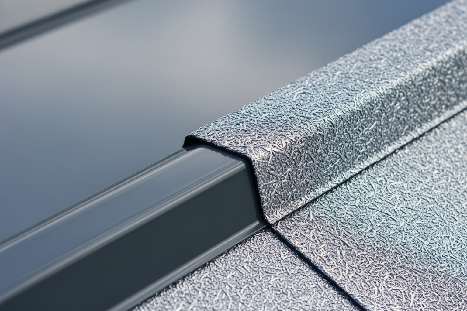 Close-up of different coating textures including smooth silicone and fibered aluminum - industrial metal roof coatings