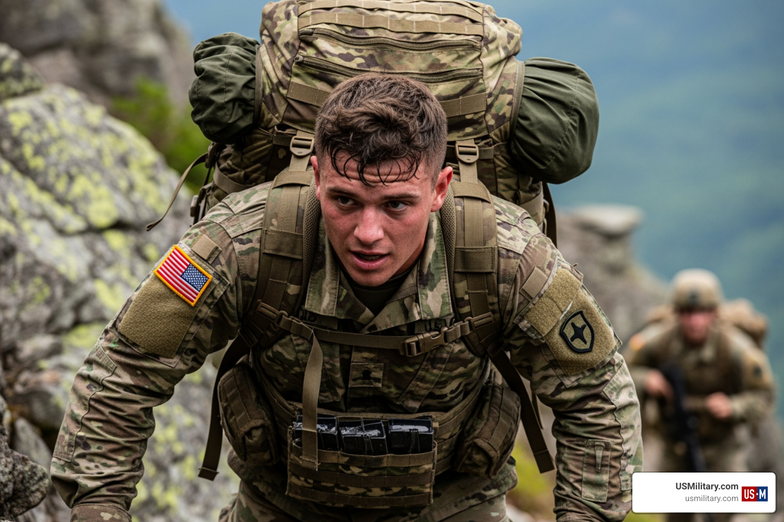 An American soldier rucking through difficult terrain during an elite selection course - Would Army Delta Force Maintain