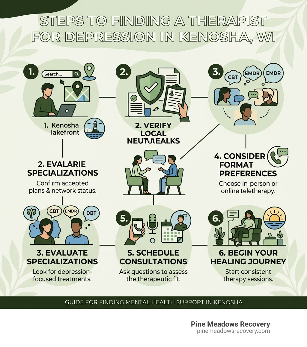 Steps to finding a therapist for depression in Kenosha WI - infographic showing 6 steps - Therapy for depression in Kenosha Steps to finding a therapist for depression in Kenosha WI - infographic showing 6 steps - Therapy for depression in Kenosha