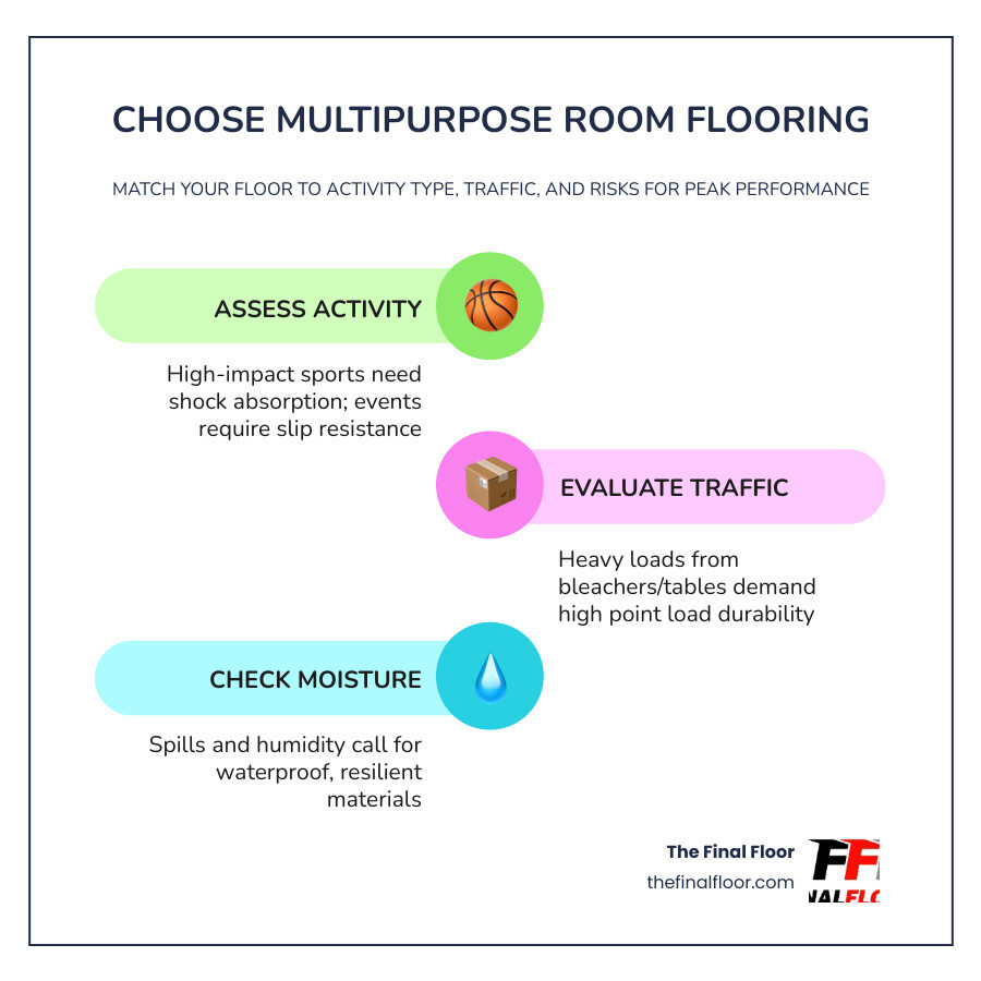 Infographic: How to choose multipurpose room flooring based on activity type, traffic level, and moisture risk Infographic: How to choose multipurpose room flooring based on activity type, traffic level, and moisture risk