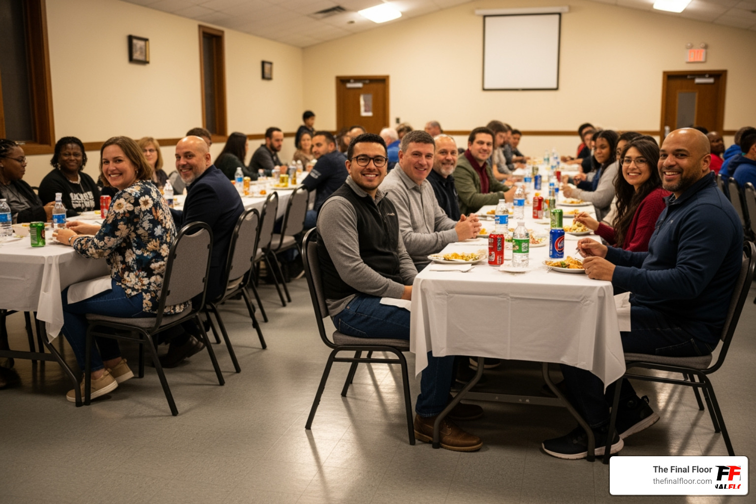 Church fellowship hall being used for a community banquet on a synthetic floor - multipurpose room flooring Church fellowship hall being used for a community banquet on a synthetic floor - multipurpose room flooring