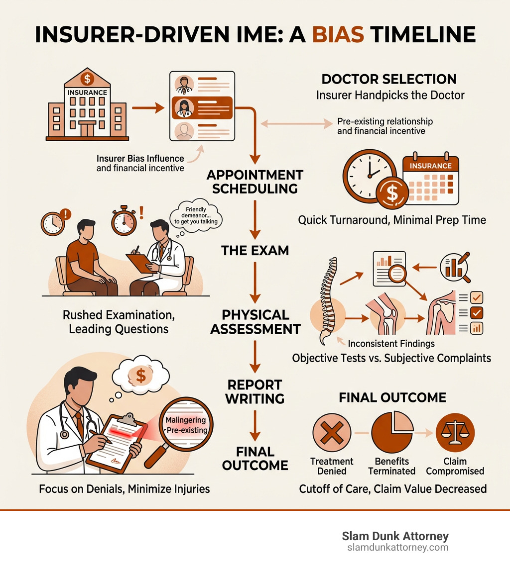 Infographic showing the IME process steps and how insurer bias influences each stage from doctor selection to report