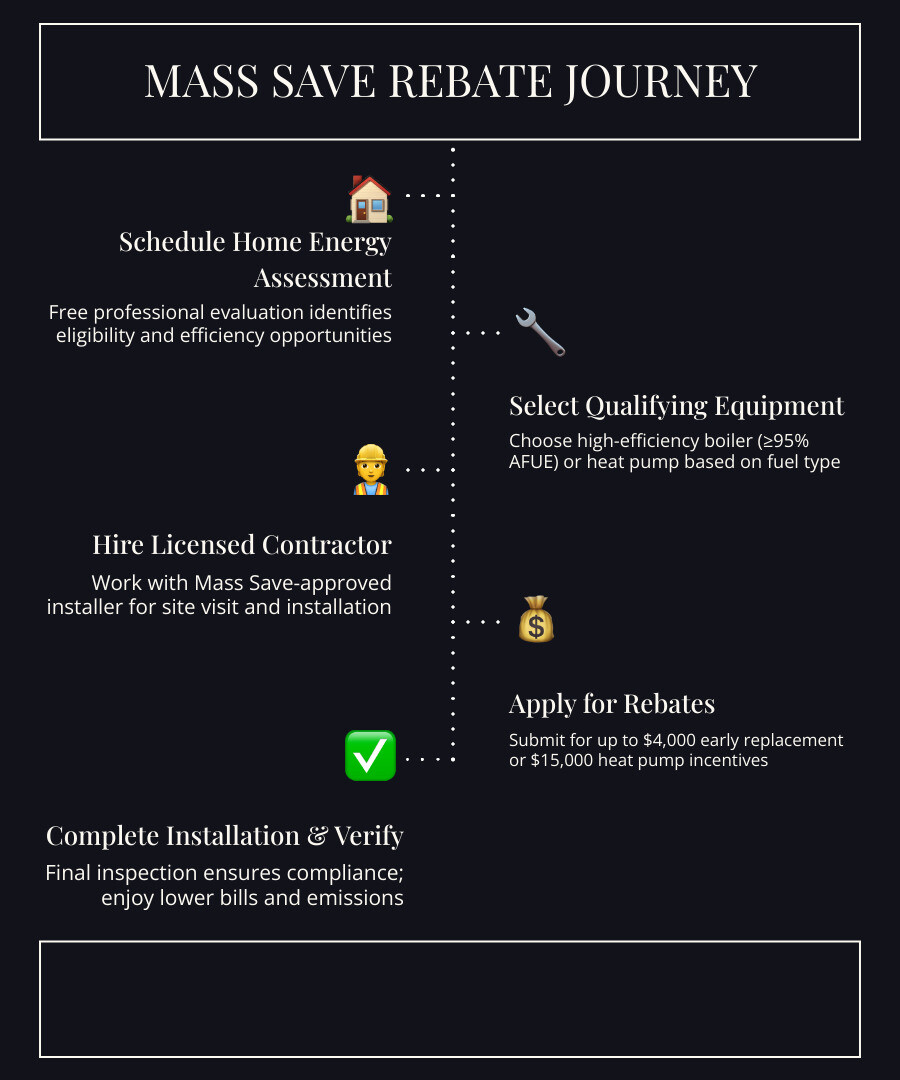 Mass Save rebate journey infographic from home energy assessment to boiler replacement or heat pump installation - Mass Save