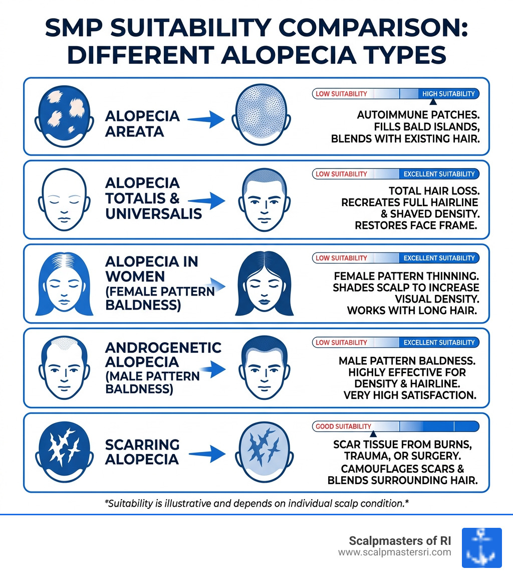Comparison of SMP suitability for different alopecia types - Scalp micropigmentation alopecia infographic Comparison of SMP suitability for different alopecia types - Scalp micropigmentation alopecia infographic