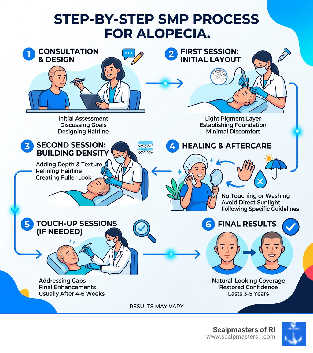 Step-by-step SMP process for alopecia patients showing consultation through final results - Scalp micropigmentation alopecia Step-by-step SMP process for alopecia patients showing consultation through final results - Scalp micropigmentation alopecia