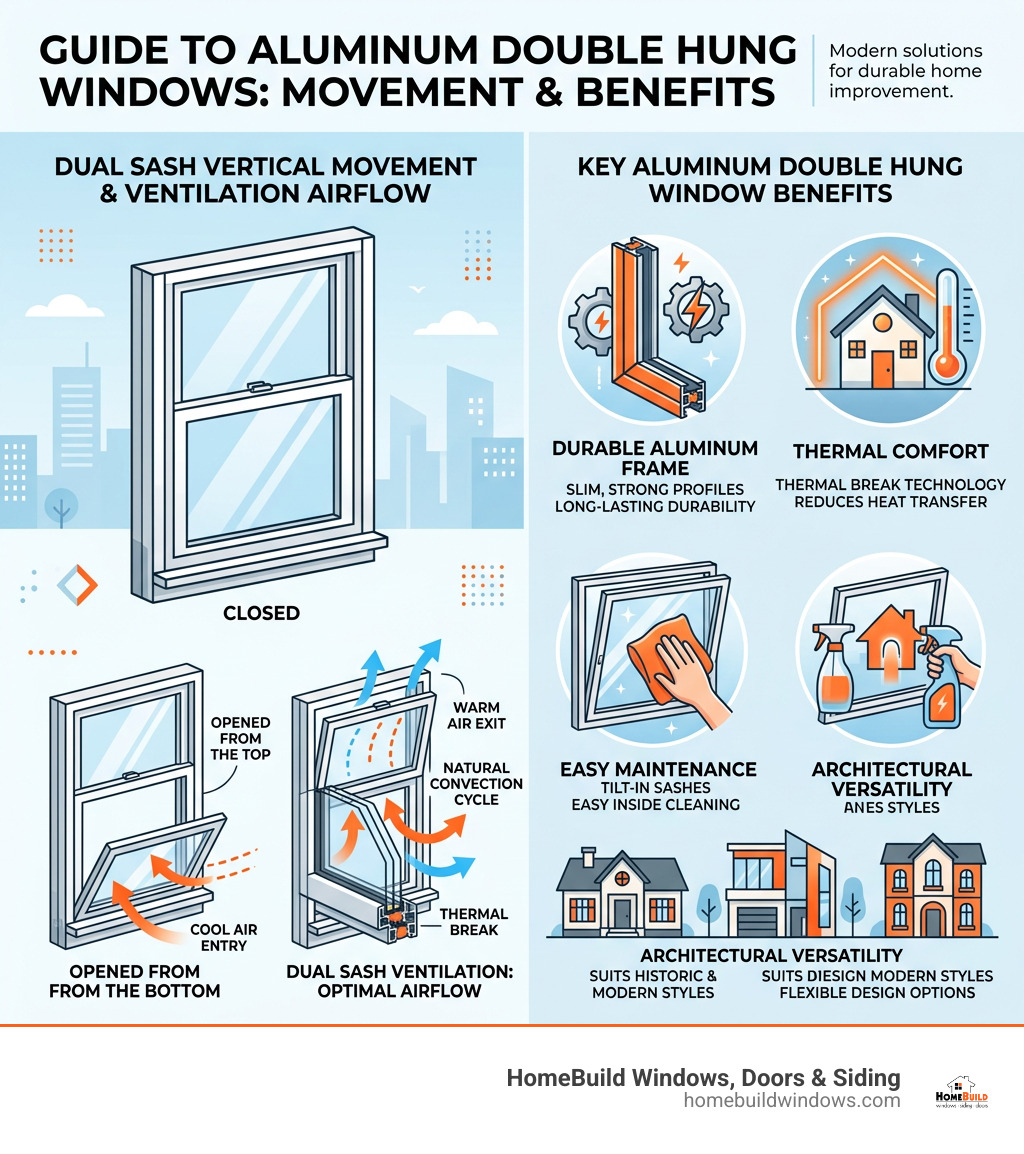 Infographic showing dual sash vertical movement, ventilation airflow directions, and key aluminum double hung window