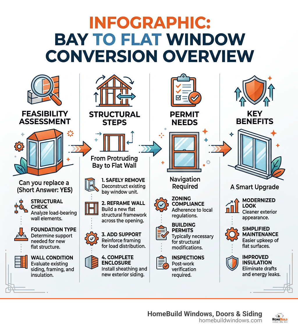 Infographic: Bay to flat window conversion overview — feasibility, structural steps, permit needs, and key benefits - can