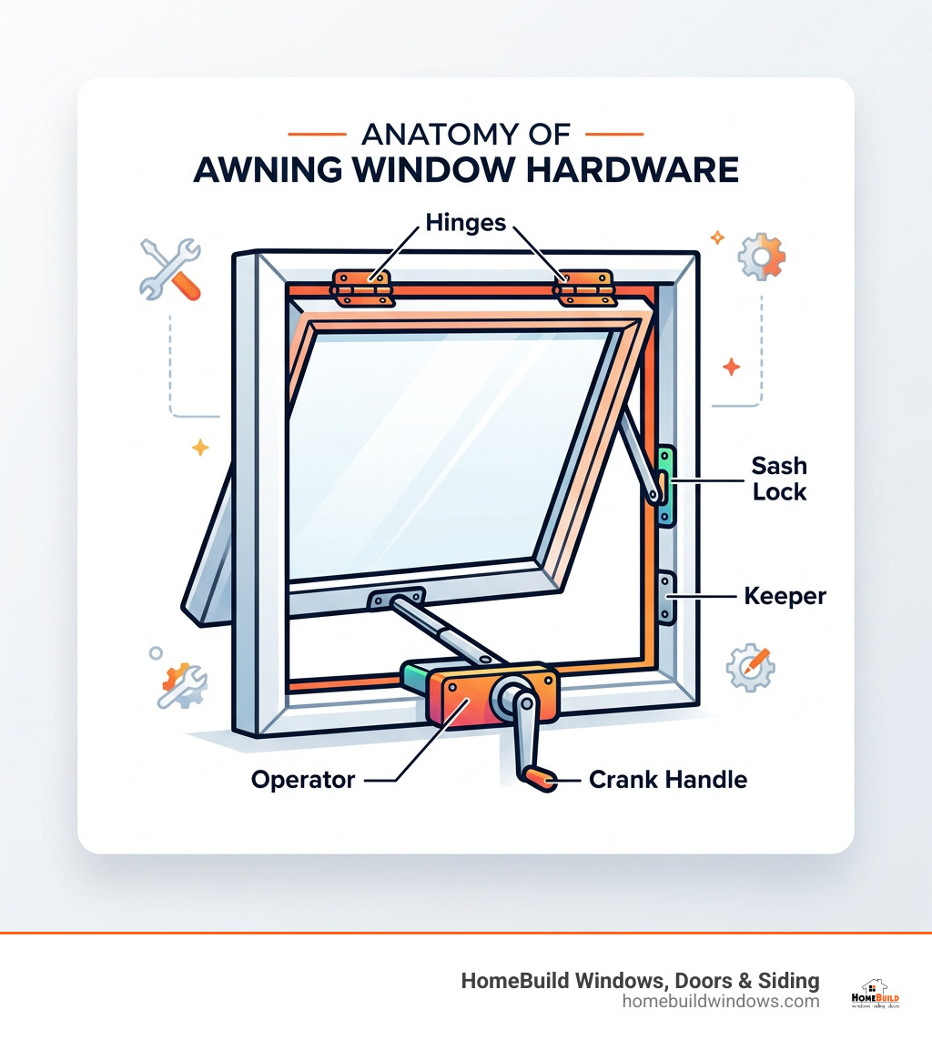 Anatomy of awning window hardware showing operator, hinges, sash lock, crank handle, and keeper components - awning window