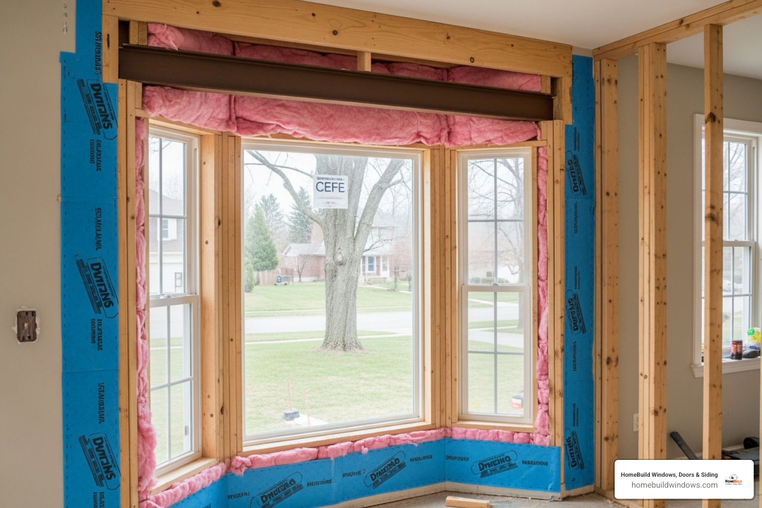 Cross-section of window framing, showing the new header, insulation, and moisture barrier for a flat window installation