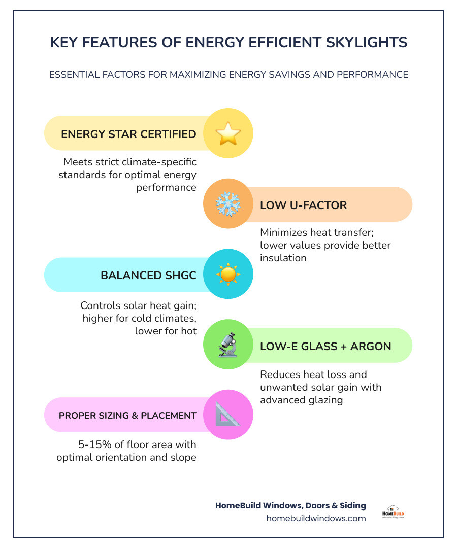 Infographic showing key features of energy efficient skylights including U-factor, SHGC, ENERGY STAR, sizing rules, and