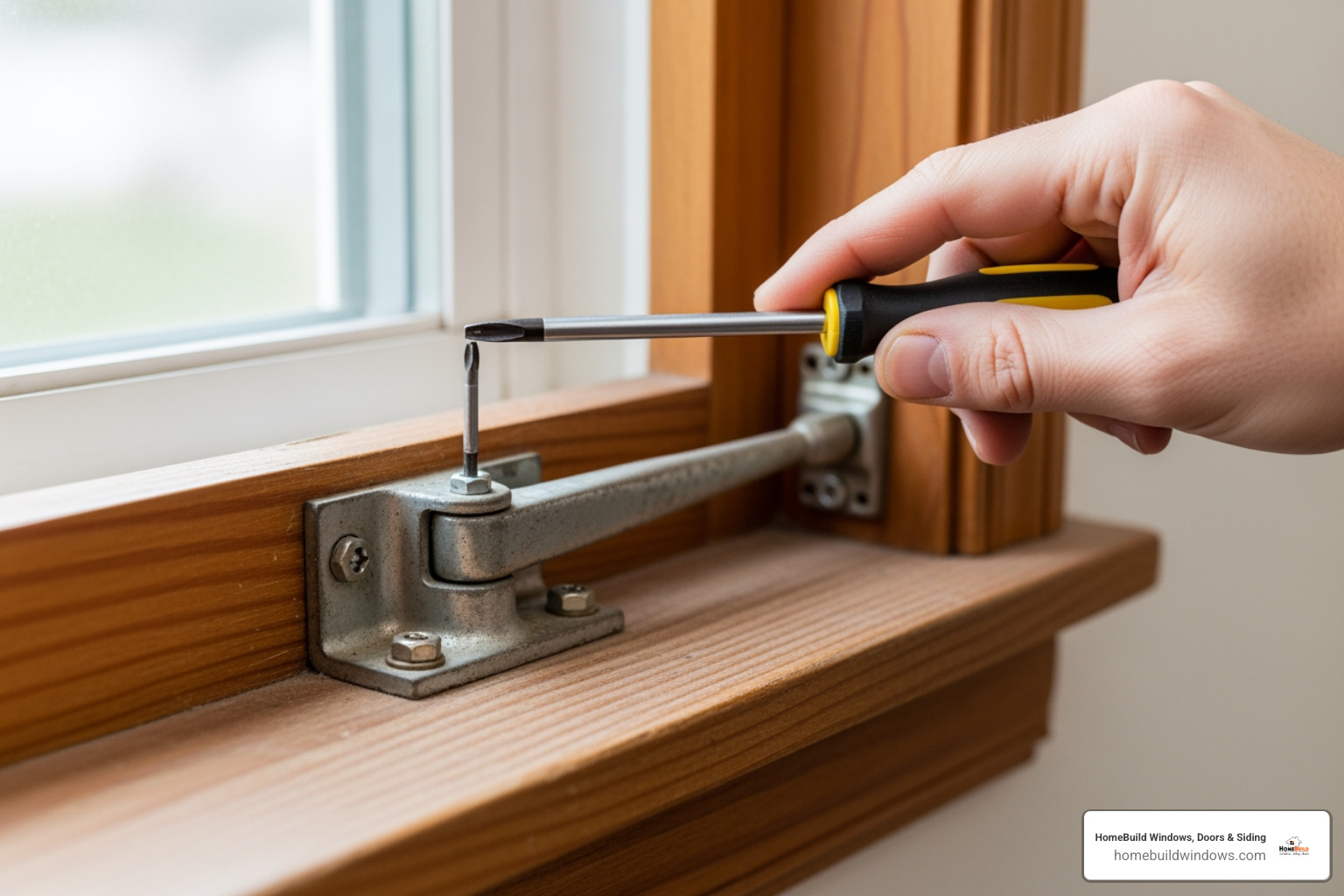 Removing an old window operator from the sill - awning window hardware replacement