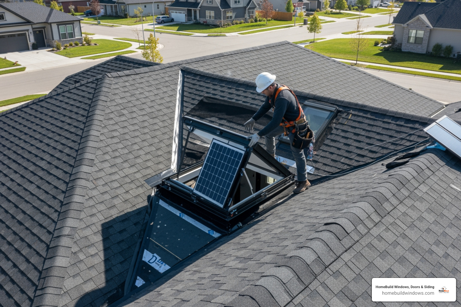 solar-powered venting skylight installation on a modern roof - energy efficient skylight