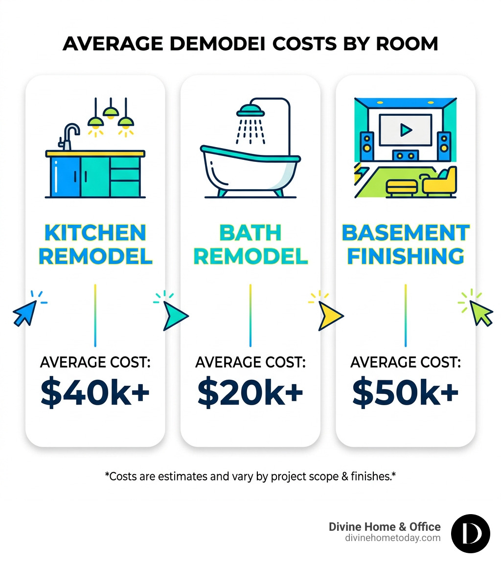 Infographic showing average Denver remodel costs by room: Kitchen $40k+, Bath $20k+, Basement $50k+ - home makeover Denver Infographic showing average Denver remodel costs by room: Kitchen $40k+, Bath $20k+, Basement $50k+ - home makeover Denver