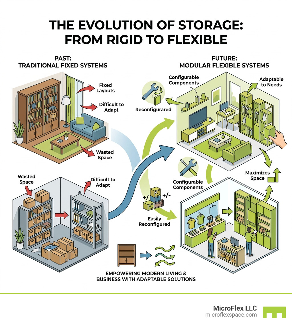 Infographic showing evolution of storage from fixed shelving to modular flexible systems for home and business - Flexible