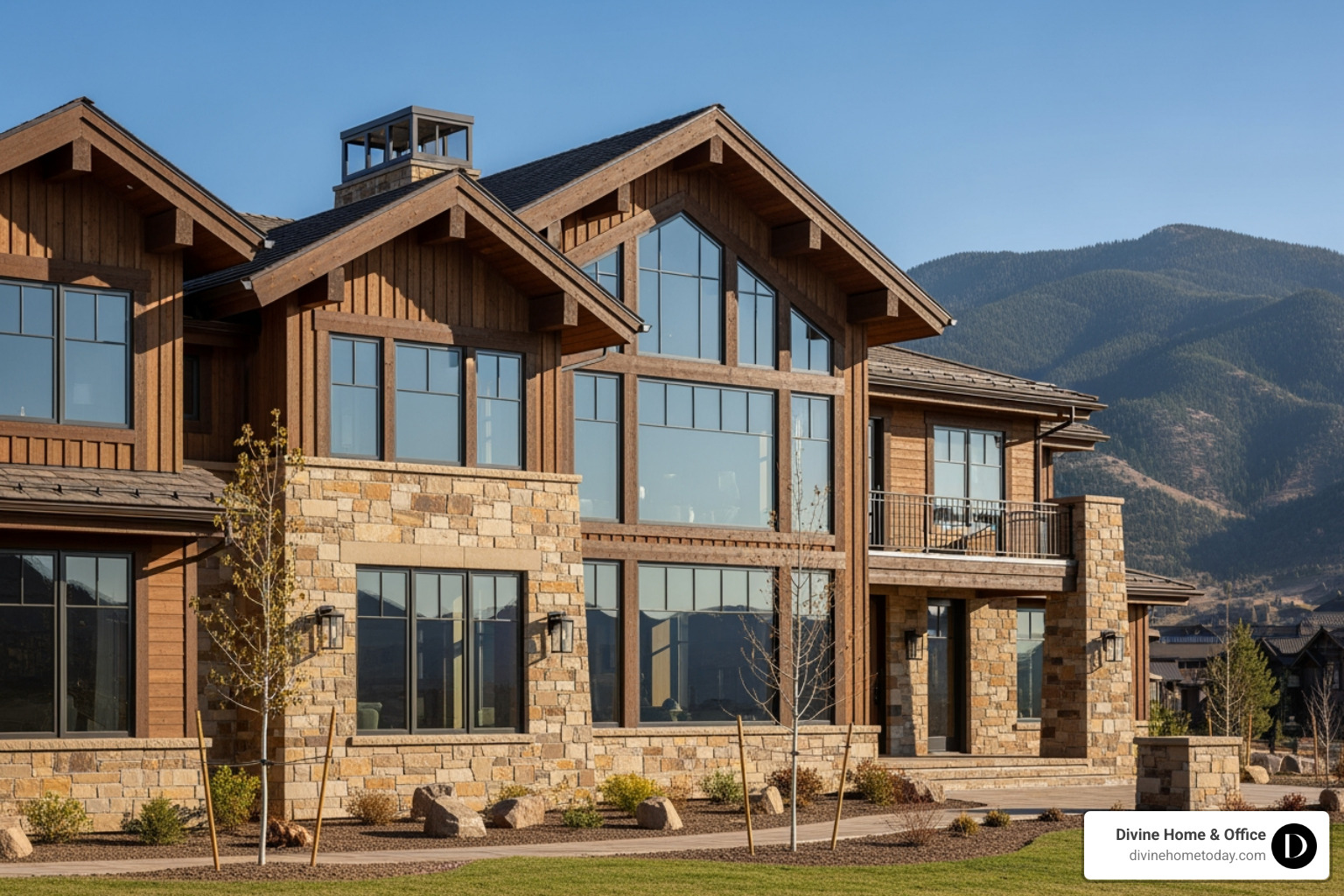 Luxury Colorado mountain home exterior with timber and stone facade set against the foothills - home makeover Denver Luxury Colorado mountain home exterior with timber and stone facade set against the foothills - home makeover Denver