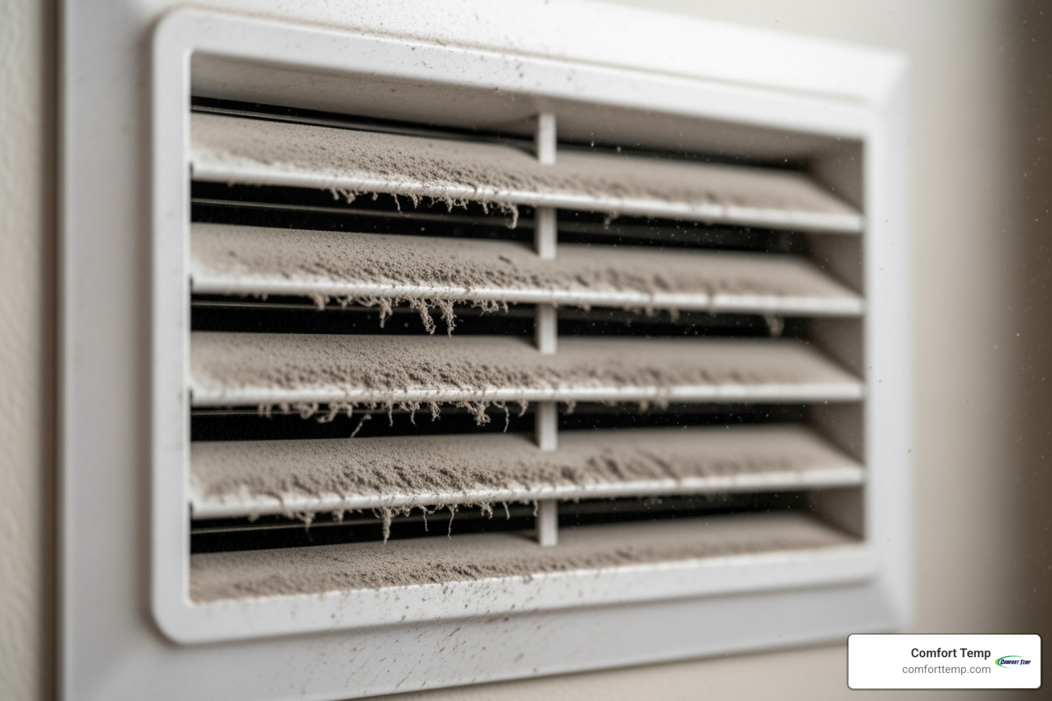Visible dust buildup on a residential air vent cover - HVAC vent cleaning company Visible dust buildup on a residential air vent cover - HVAC vent cleaning company
