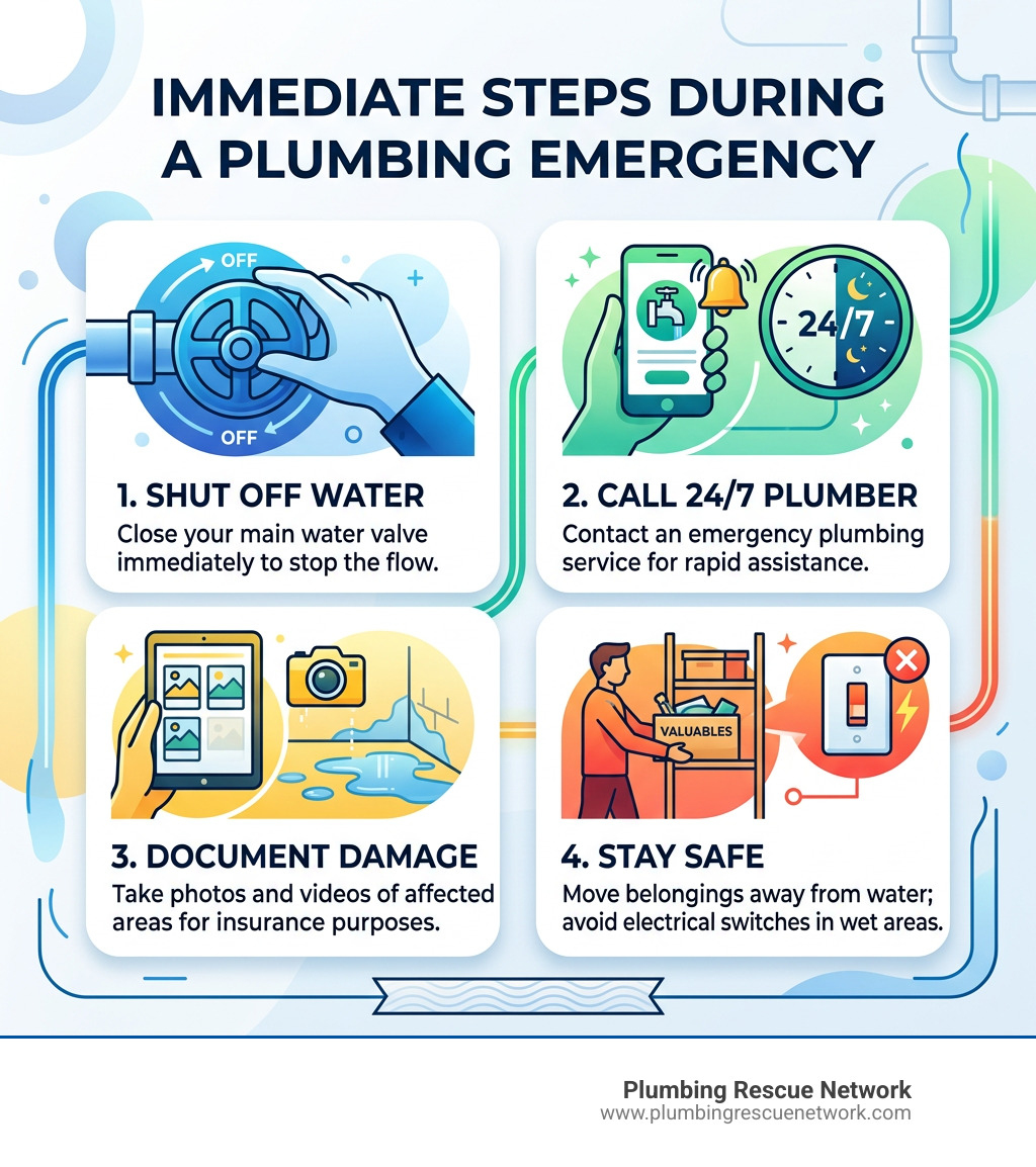 Infographic: immediate steps during a plumbing emergency - shut off water, call 24/7 plumber, document damage, stay safe