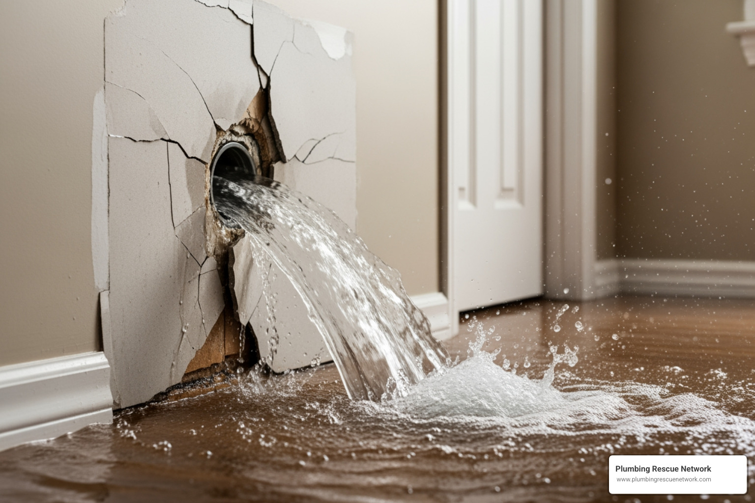 A burst pipe spraying water behind a wall causing immediate flooding - after hours plumbing
