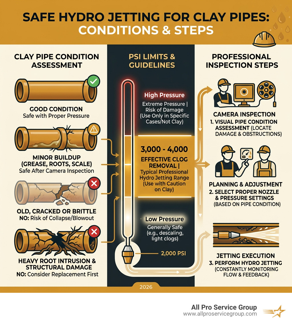 Infographic showing hydro jetting safety for clay pipes by condition, PSI limits, and inspection steps - can you hydro jet