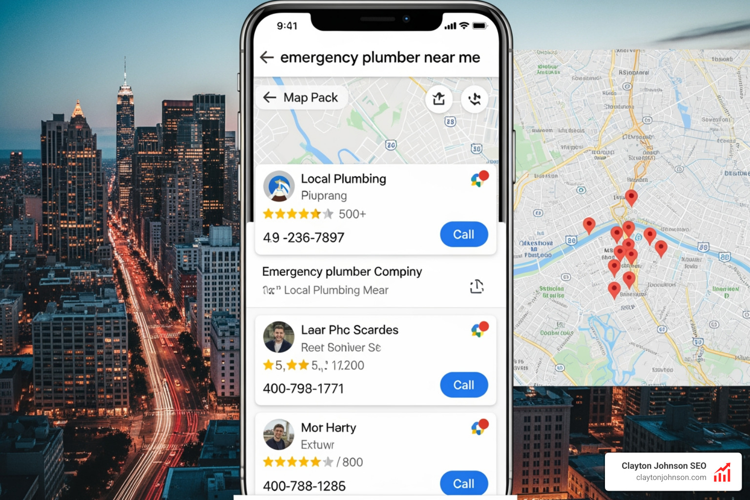Google Maps search result showing top 3 plumbing rankings with high review counts - ai marketing for plumbing companies
