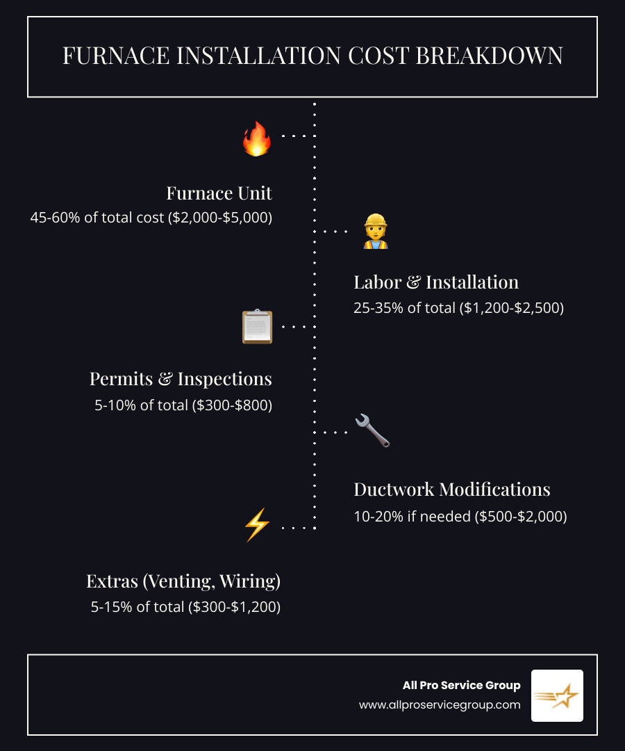 Infographic showing breakdown of furnace installation costs including equipment, labor, permits, and ductwork - furnace