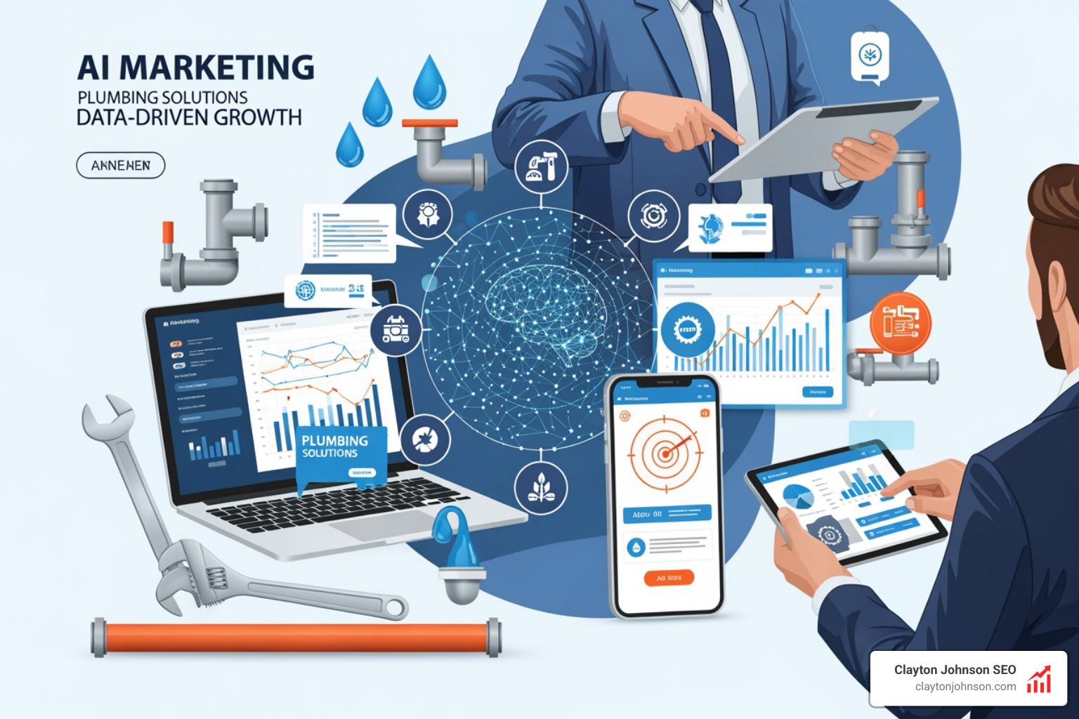 Plumbing service page with an educational video showing a technician explaining a repair - ai marketing for plumbing