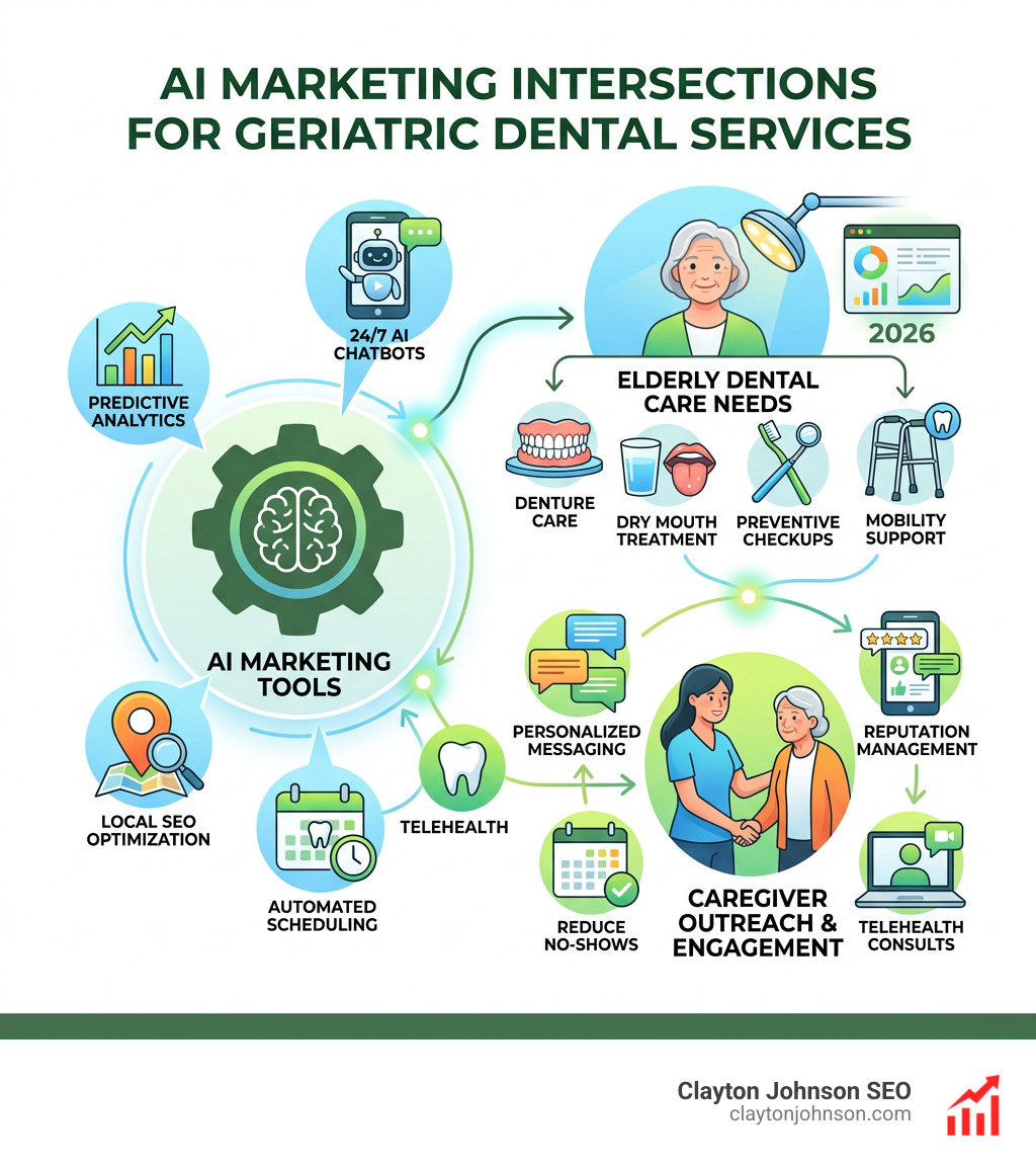 Infographic showing how AI marketing tools intersect with elderly dental care needs and caregiver outreach - ai marketing