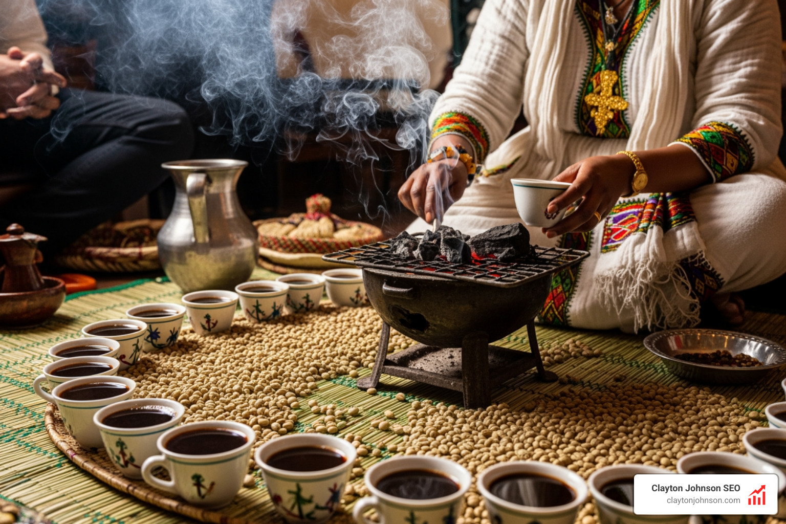 A traditional Ethiopian coffee ceremony with roasted beans and small cups - ethnic cuisine restaurants