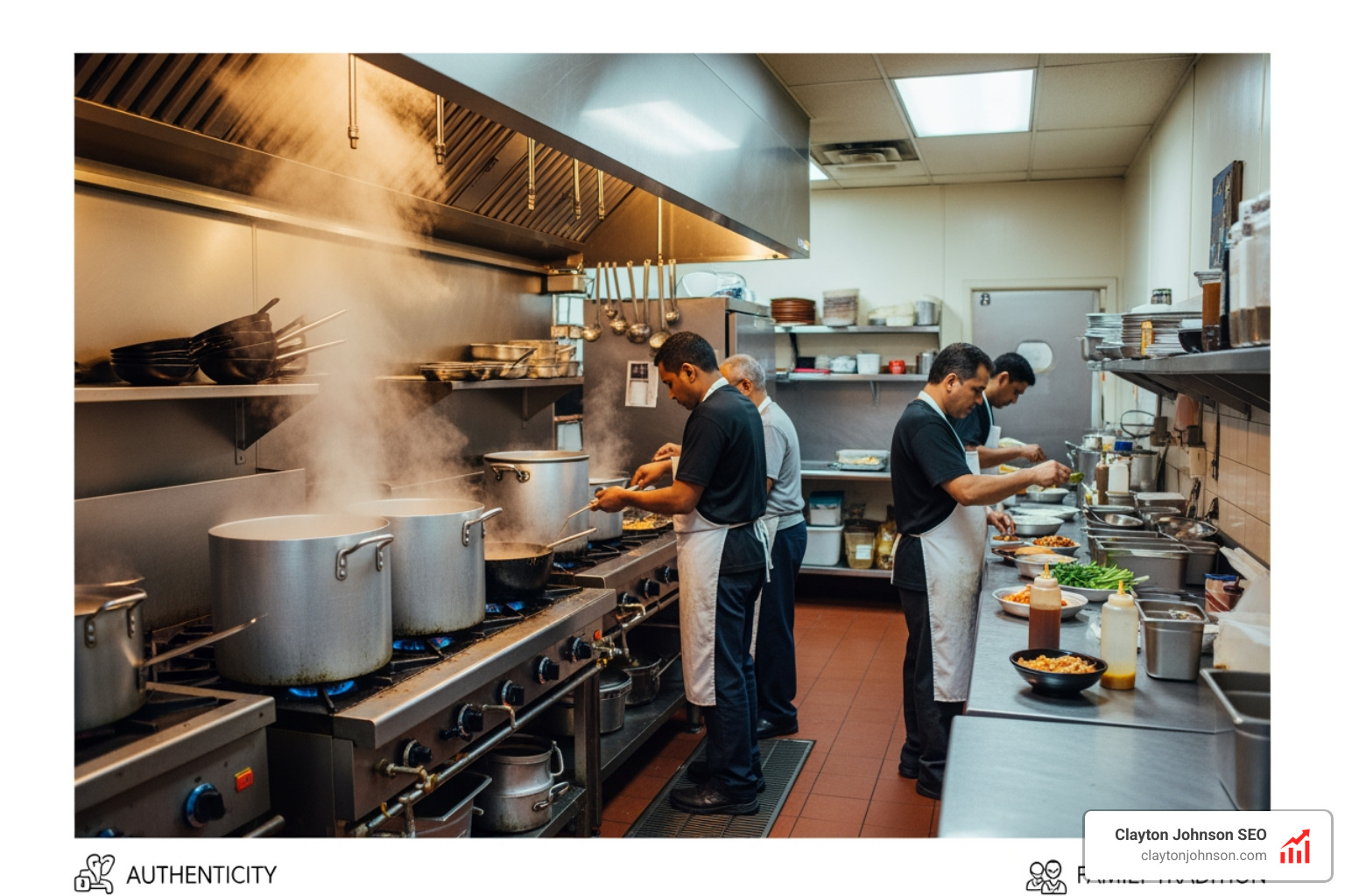 A traditional family-owned kitchen with steam rising from large pots - ethnic cuisine restaurants