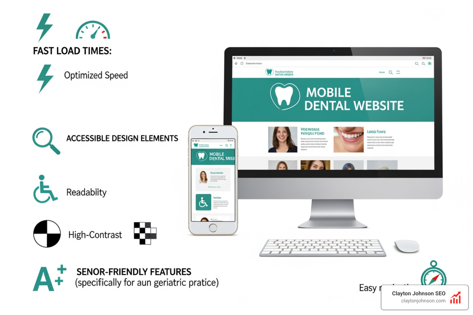 Graphic showing a mobile-responsive dental website with fast load times and accessible design elements - seo for geriatric