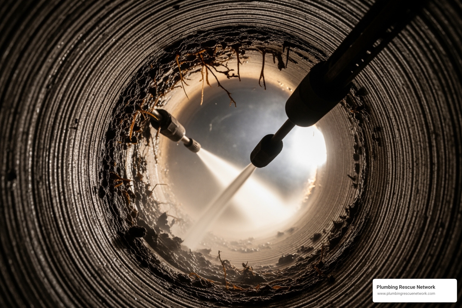 High-pressure water jetter scouring the inside of a sewer pipe - blocked drain plumber near me