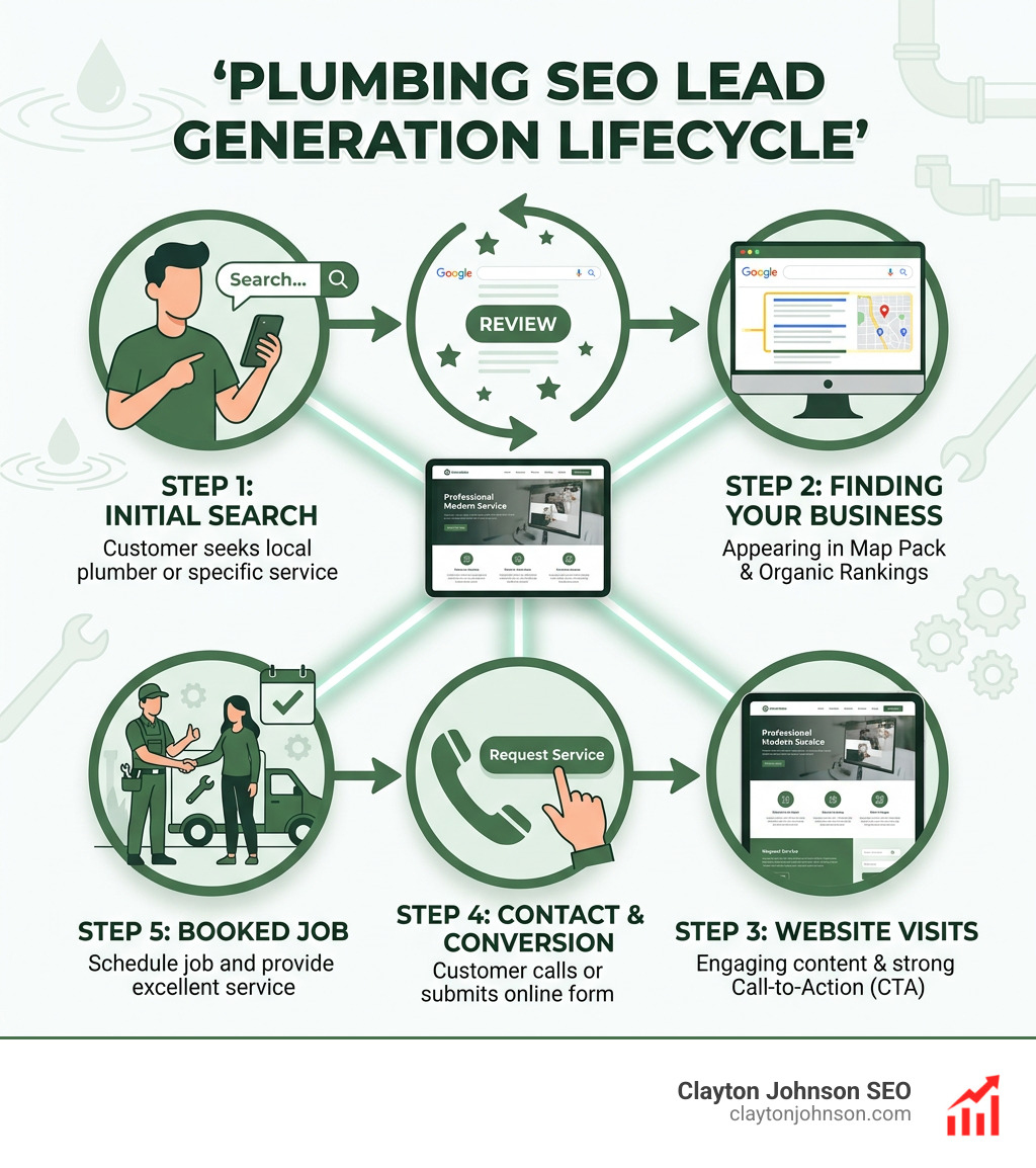 Plumbing SEO lead generation lifecycle from search to booked job infographic - seo for plumbing companies infographic 