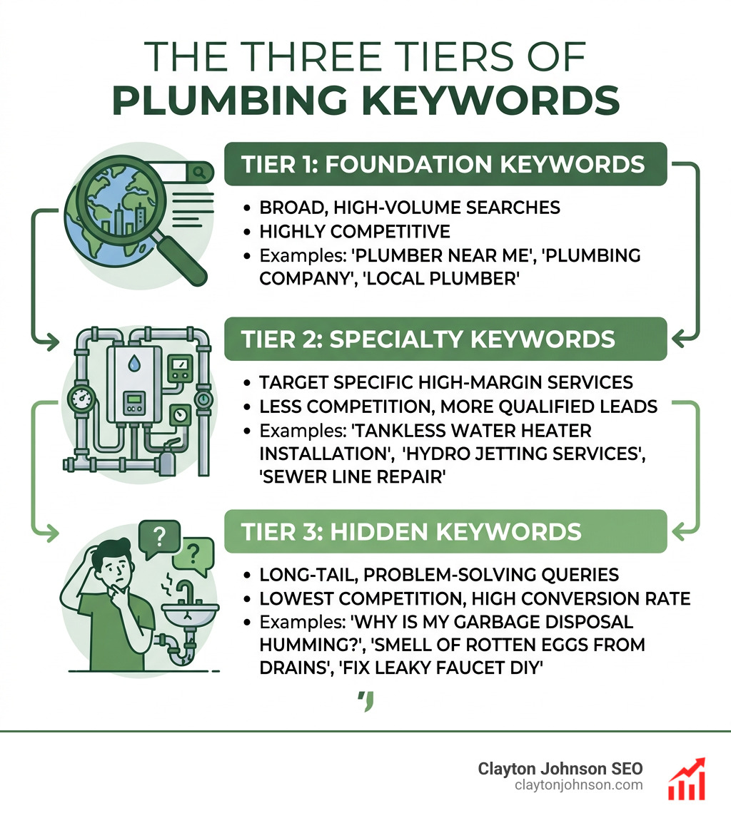 The three tiers of plumbing keywords: Foundation, Specialty, and Hidden infographic - seo for plumbing companies infographic 