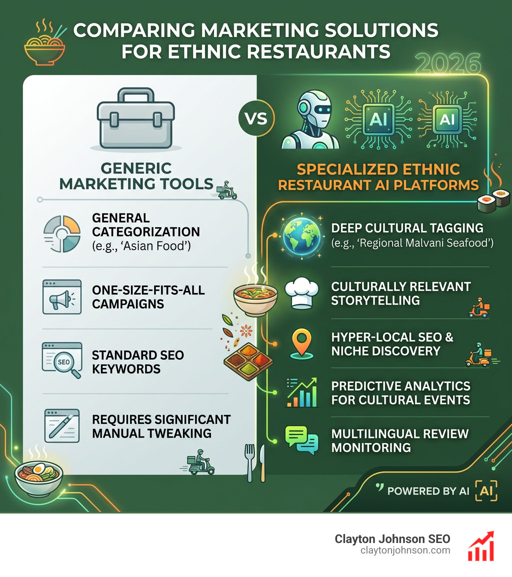 Infographic comparing generic marketing tools vs. specialized ethnic restaurant AI platforms - ai marketing for ethnic