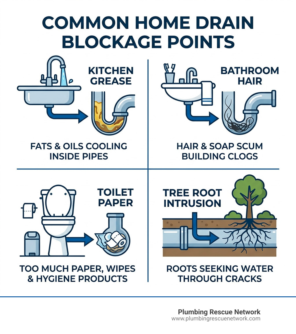 Infographic showing common home drain blockage points including kitchen grease, bathroom hair, toilet paper, and tree root