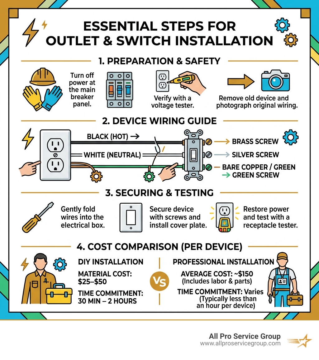 Infographic showing steps for outlet and switch installation with wire color codes and cost comparison - outlet and switch