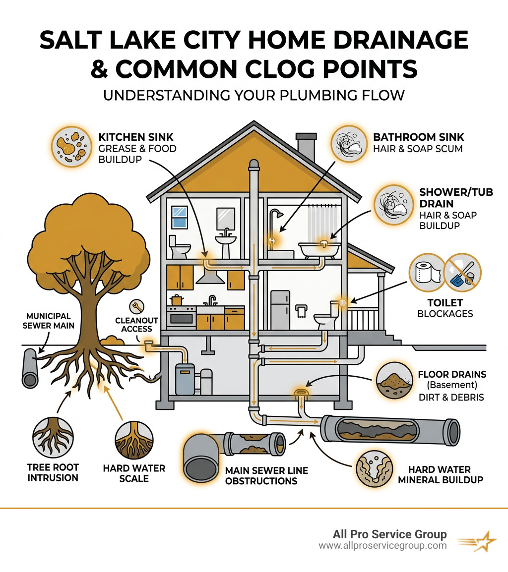 infographic showing home drainage system layout and common clog points in Salt Lake City homes - drain cleaning in salt lake