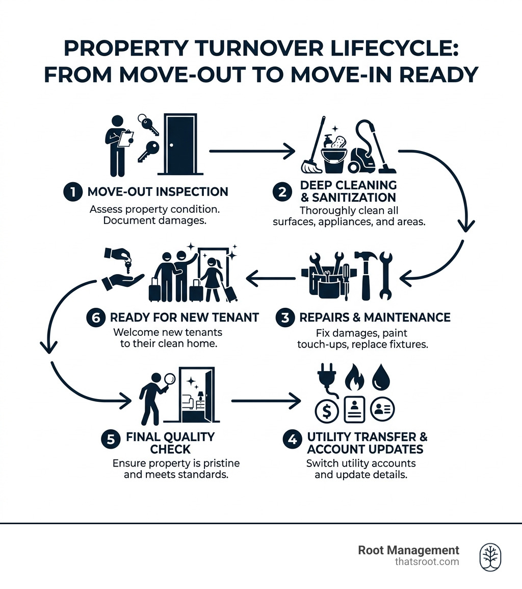 Property turnover lifecycle infographic showing steps from move-out to move-in ready - turnover cleaning services Property turnover lifecycle infographic showing steps from move-out to move-in ready - turnover cleaning services