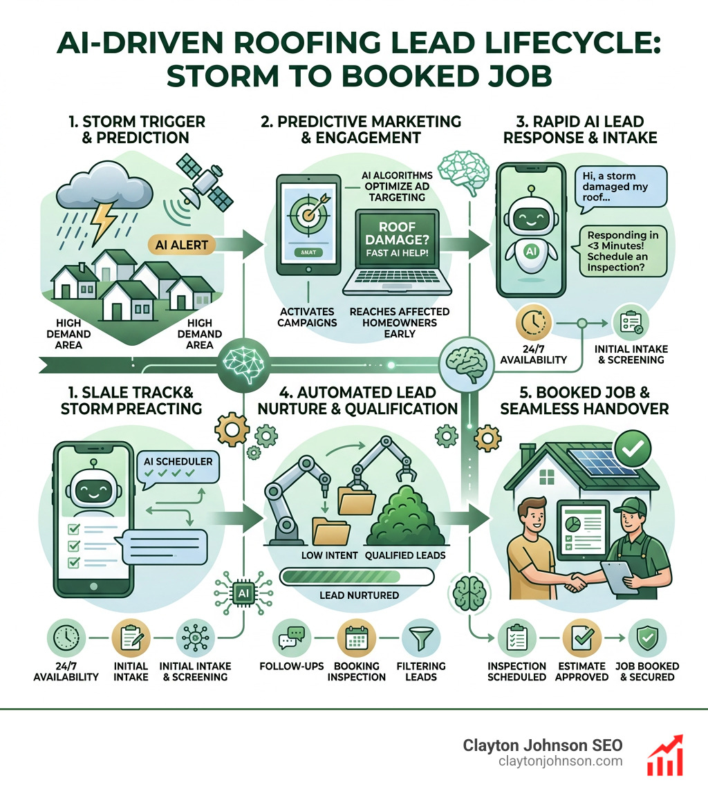 AI-driven roofing lead lifecycle from storm trigger to booked job - ai marketing for roofing companies infographic 