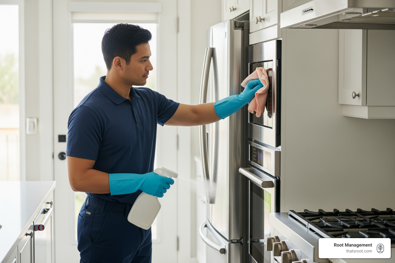 Professional cleaner sanitizing a modern kitchen and wiping down stainless steel appliances - turnover cleaning services Professional cleaner sanitizing a modern kitchen and wiping down stainless steel appliances - turnover cleaning services