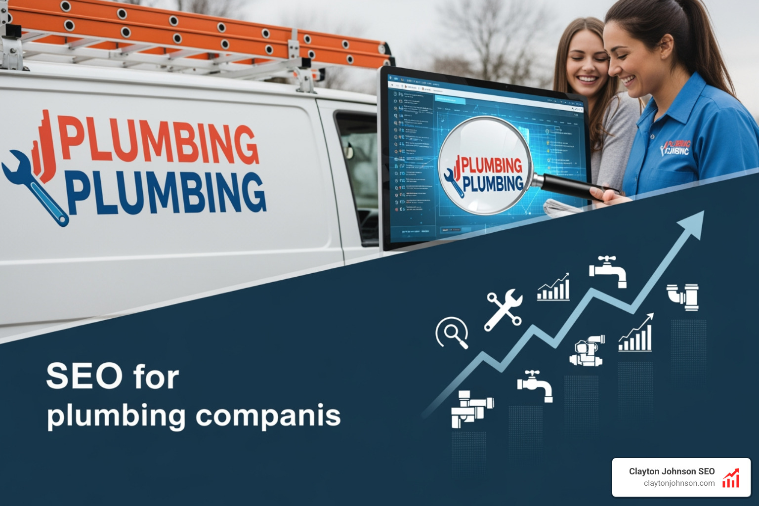 Digital marketing dashboard showing plumbing lead growth and keyword rankings - seo for plumbing companies